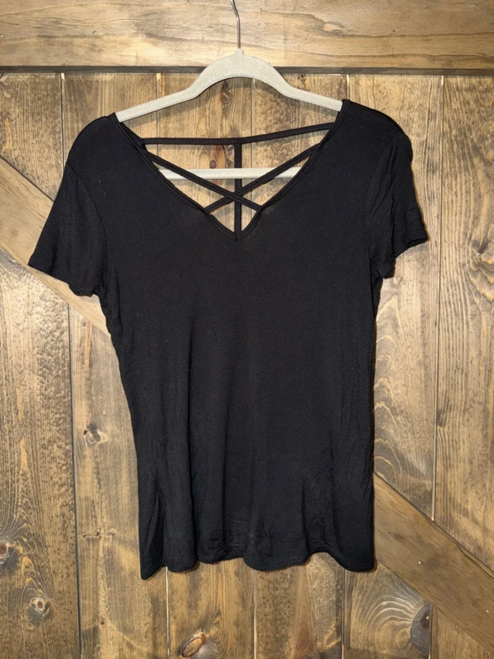 SO Black Short Sleeve V-Neck Tee with Crisscross - Picture 1 of 3